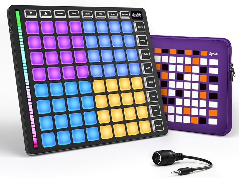 Synido MIDI Pad Beat Maker Machine with 64 Velocity Sensitive RGB Pads, Portable MIDI Controller 8 * 8 Backlit Beating Machine with Easy Mode for Music Production Beginners, TempoPAD Z-1 - Image 1